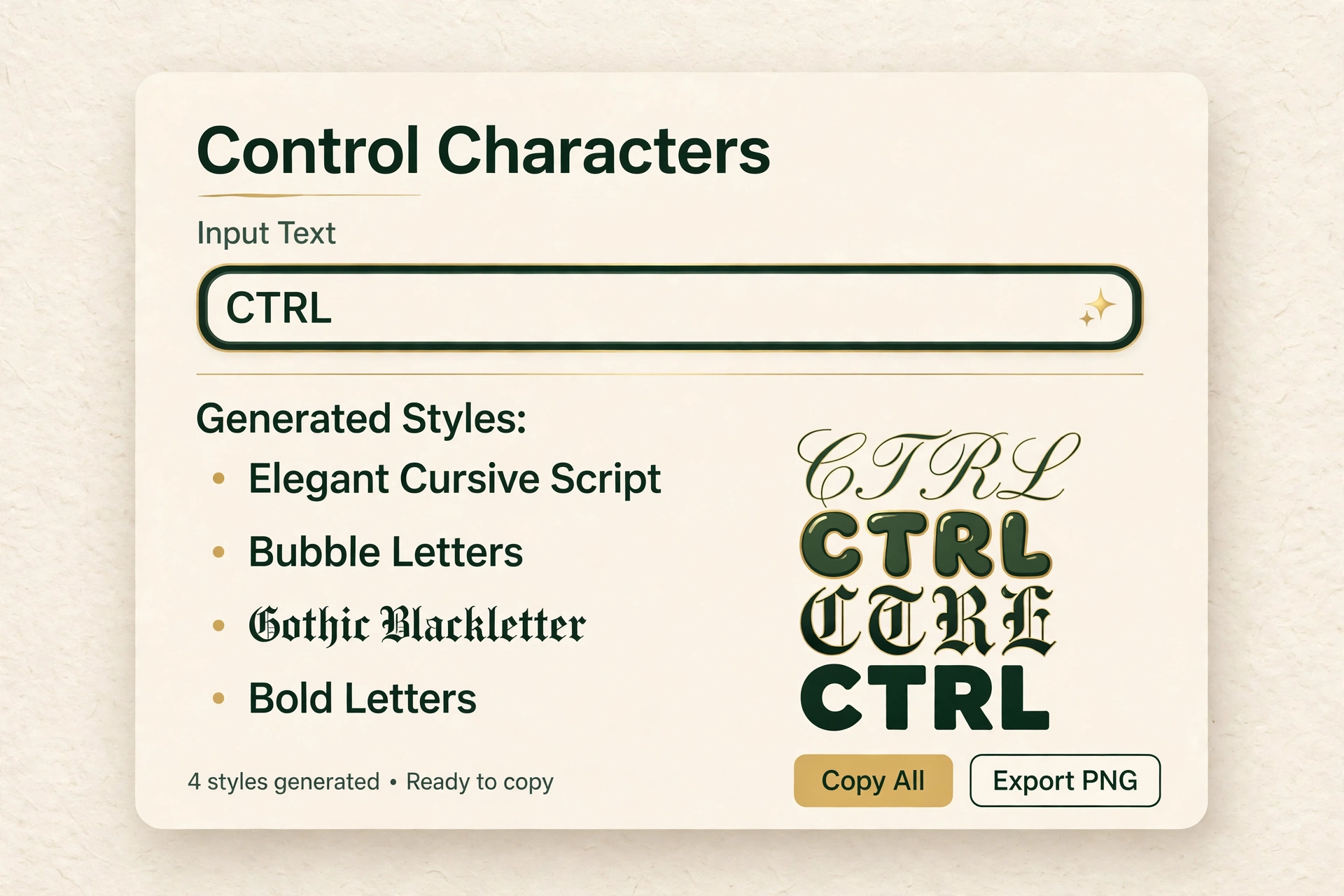Fancy text generator tool showing the word CTRL in cursive, bubble, gothic, and bold styles