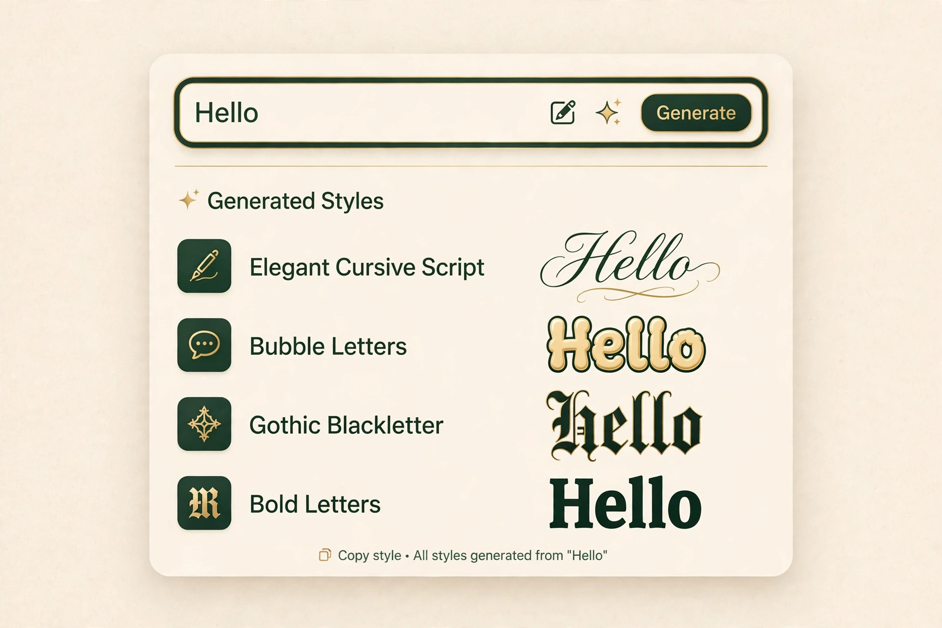 Fancy text generator tool showing the word Hello in cursive, bubble, gothic, and bold styles