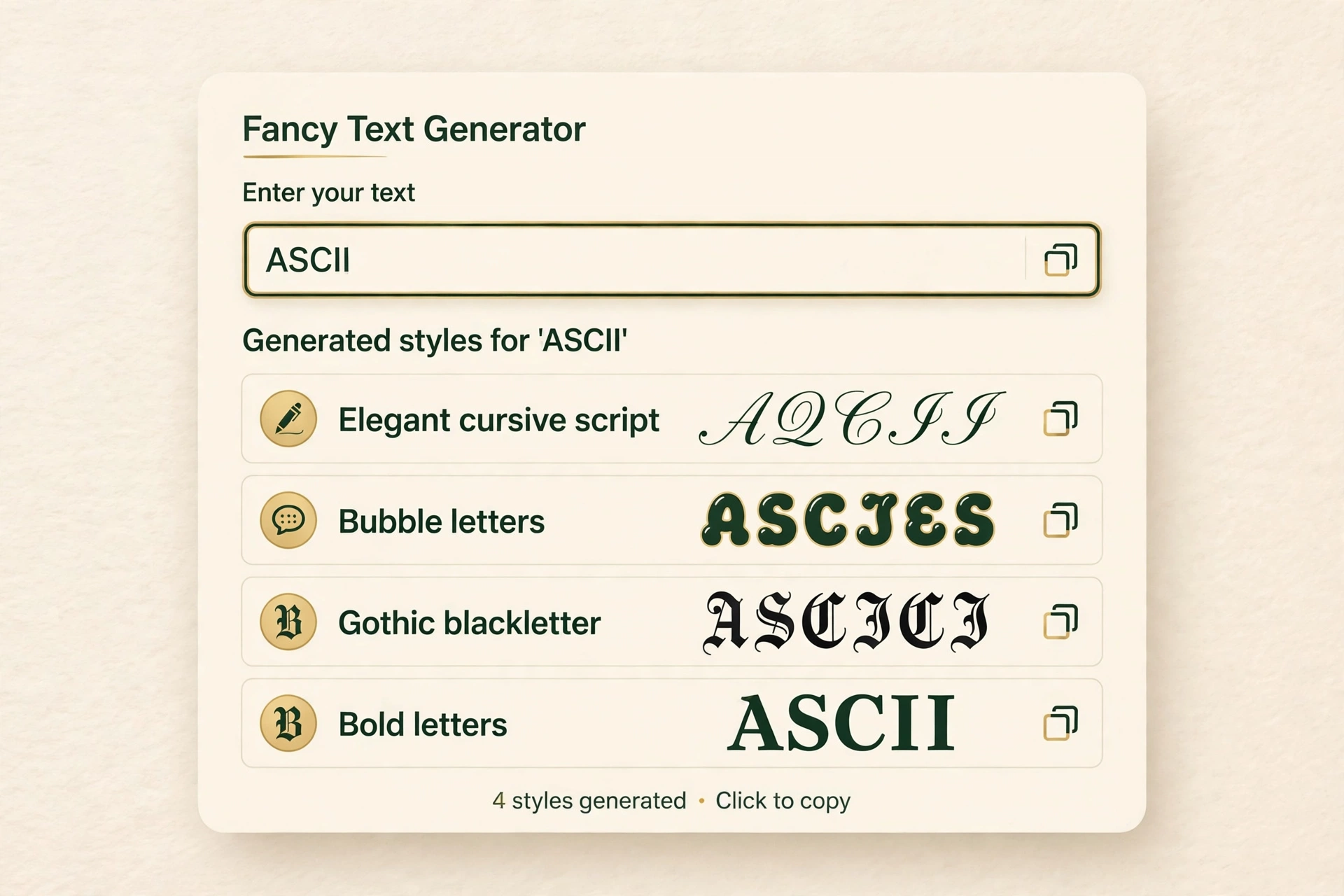 Fancy text generator tool showing the word ASCII in cursive, bubble, gothic, and bold styles