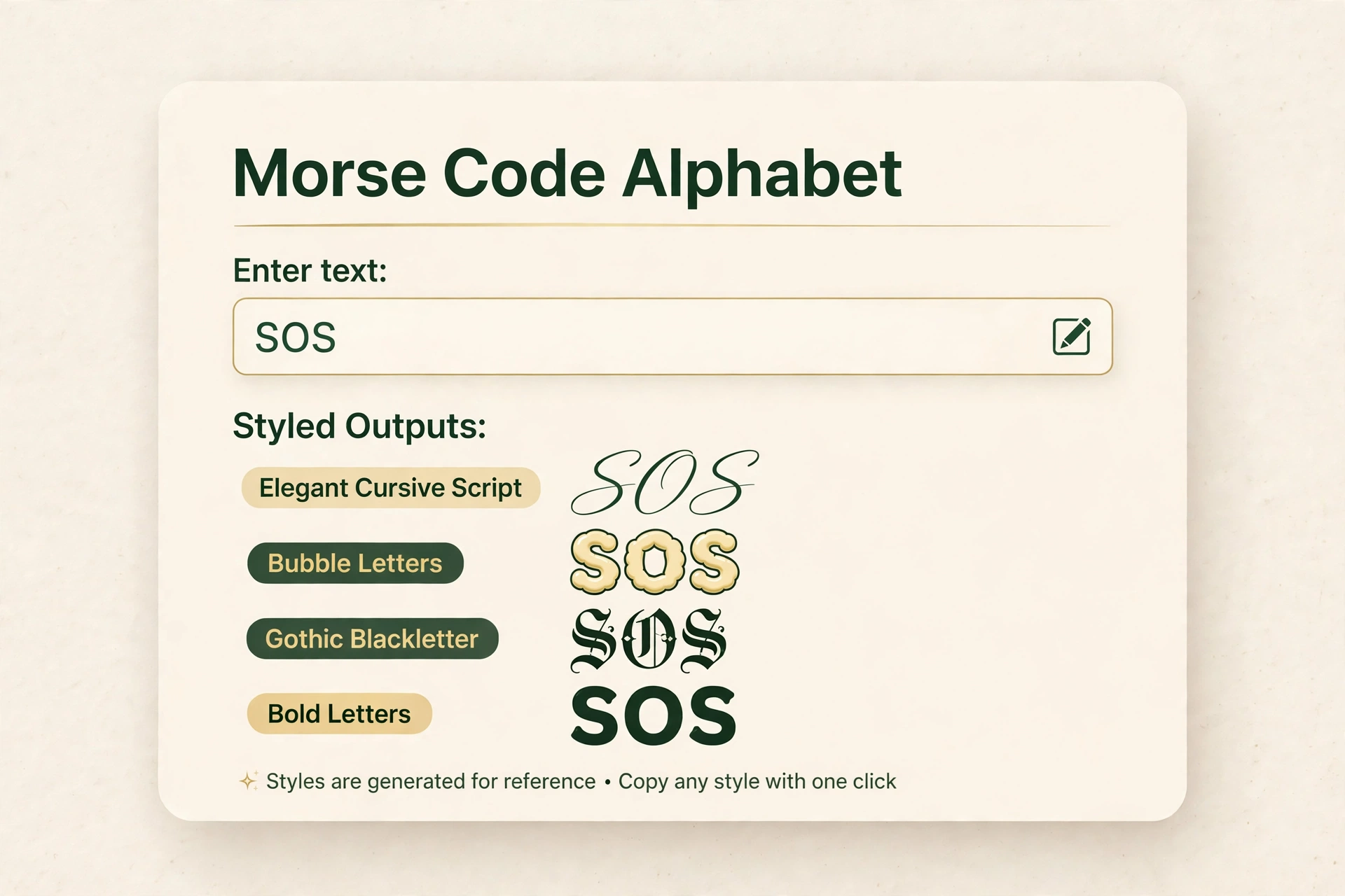 Fancy text generator tool showing the word SOS in cursive, bubble, gothic, and bold styles