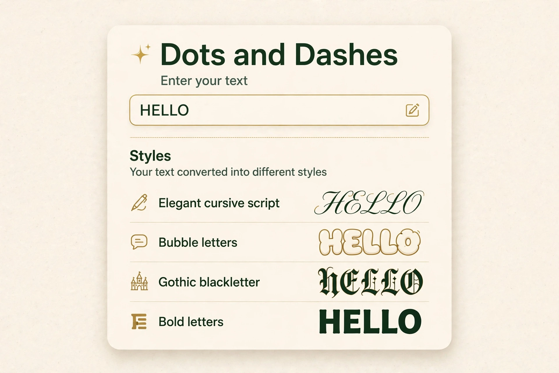 Fancy text generator tool showing the word HELLO in cursive, bubble, gothic, and bold styles