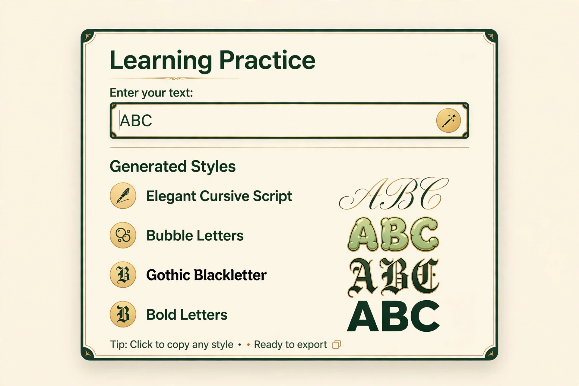 Fancy text generator tool showing the word ABC in cursive, bubble, gothic, and bold styles